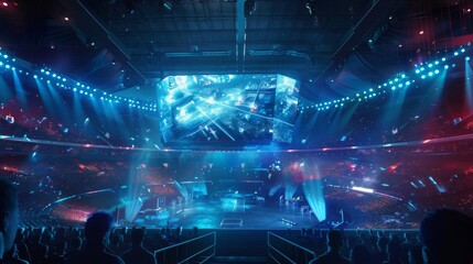 A futuristic e-sports arena with players competing in a high-tech environment, high detail, vibrant and energetic, showcasing competitive gamin