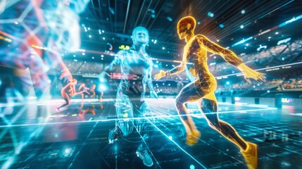 A high-energy visual of a mixed-reality sports event, combining physical and digital elements in a futuristic setting --ar 16:9 --style raw Job ID: 203adfab-e617-4dec-9681-8f1e339ba7b1