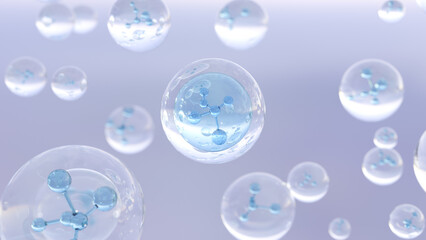 3D rendering Cosmetics Blue Serum bubbles on defocus background. Collagen bubbles Design. Molecule inside a liquid bubble. Vitamin for health care and beauty concept. 