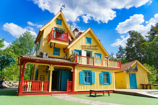 The Villekulla Cottage (Pippi Longstocking's house) in the "Astrid Lindgren World" Theme Park in Vimmerby, Sweden. Children amusement park, animated with characters and settings from Astrid Lindgre