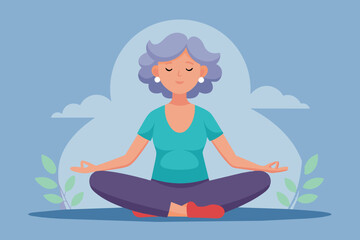 An elderly woman with gray hair meditates, promoting mental health and stress-free mindfulness