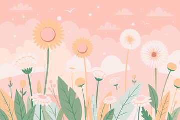 Abstract pink background with wildflowers, yellow dandelions and white inflorescences 