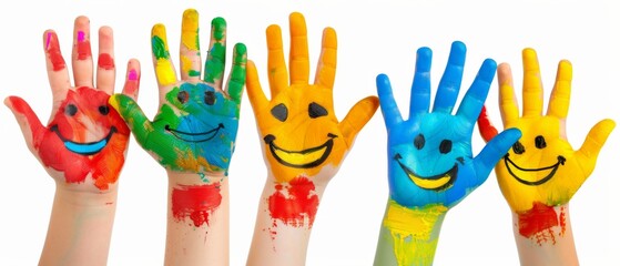 Colorful painted hands with smiling faces, showcasing creativity, fun, and art. Perfect for educational, artistic, and children-related themes.