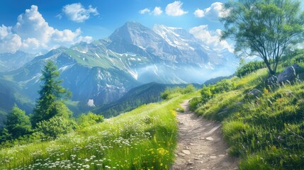Hiking path offering scenic view of majestic mountain amidst clear skies