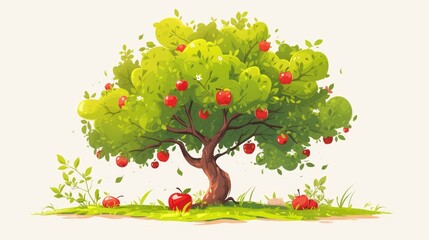 Fototapeta premium Illustration of an apple tree standing alone against a white backdrop embodying the essence of farming with lush fruits and vibrant red apples nearby This 2d image designed in a flat style i