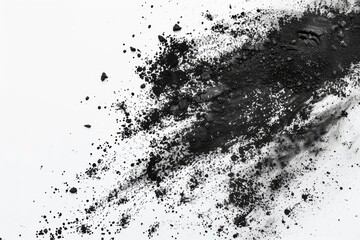 fine black charcoal dust particles scattered on white background top view