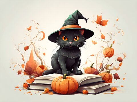 black cat wearing witch hat with pumpkins clip art preview