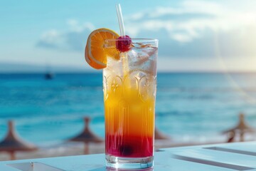 Colorful and fruity cocktail on a beach bar table with a stunning view of a turquoise sea and rocky coastline. Relaxation on a summer holiday vacation by the sea.