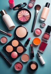 An exquisite collection of everyday cosmetics elegantly laid out on a dressing table. The assortment, featuring lipsticks, brushes, and nail polish.