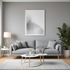 Fototapeta premium Frame mockup, ISO A paper size. Living room poster mockup. Modern interior design. Living room Interior mockup with house background. 3D render