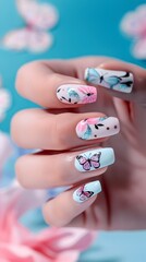Delicate Butterfly Nail Art with Pastel Shades on Clean Background
