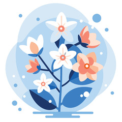 A colorful stylized illustration of a blooming flower with white and orange petals and blue leaves
