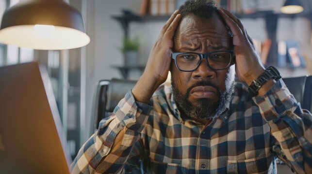 A manager looking stressed and frustrated while dealing with a challenging situation at their desk.
