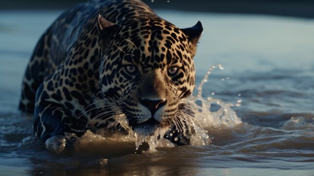 black pather running in the water looking at the viewer.