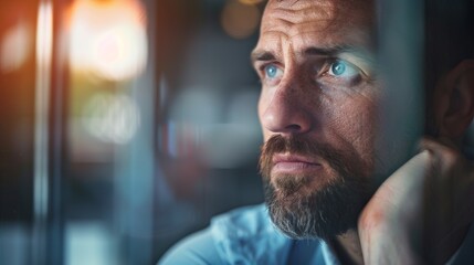 A professional businessman looking reflective and serious during a quiet moment in the office