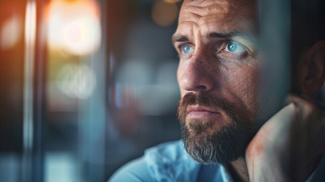 A professional businessman looking reflective and serious during a quiet moment in the office - Powered by Adobe