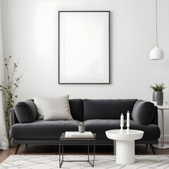 Frame mockup, ISO A paper size. Living room poster mockup. Modern interior design. Living room Interior mockup with house background. 3D render