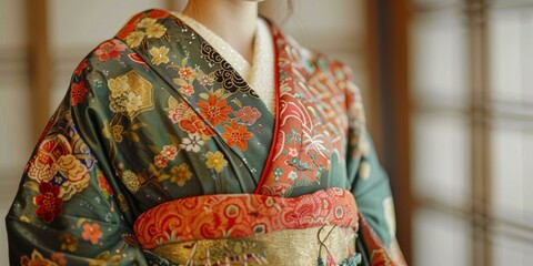 Naklejka premium A woman wearing a kimono with floral patterns