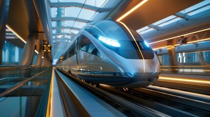 a magnetic levitation (maglev) train floating effortlessly above the tracks, propelled by magnetic forces at mind-blowing speeds. --ar 16:9 --style raw Job ID: 234158f0-e89b-4e9b-84fd-d4bc469404a9