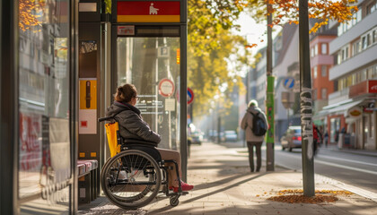 A woman in a wheelchair sits on a bench outside a bus stop by AI generated image