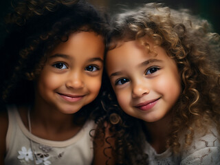 Obraz premium Close-up portrait capturing two delightful girls, their curls framing beaming smiles