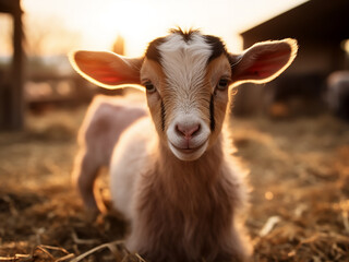 Close-up shot of a young kinder goat at a dairy farm
