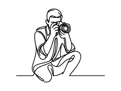 recommend clip art: World Photography Day. a photographer with a camera and a one line art hand drawing concept.