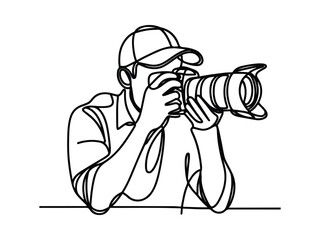 World Photography Day. a photographer with a camera and a one line art hand drawing concept.