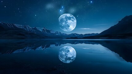 Tranquil Moonlit Lake Reflecting the Majestic Buck Moon in a Serene Mountainous Landscape