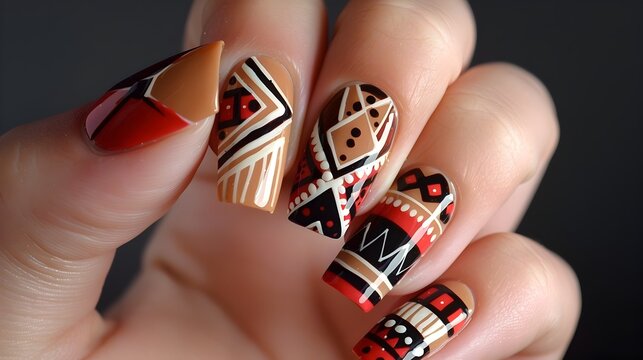Tribal-inspired Nail Design with Bold Patterns and Earthy Tones on Clean Background