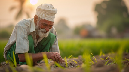 A man is kneeling down in a field of green grass. He is wearing a green hat and a plaid shirt. a happy Indian farmer wearing clean clothes planting rice, enhancing the cultural richness of the scene