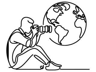 World Photography Day. a photographer with a camera and a one line art hand drawing concept.