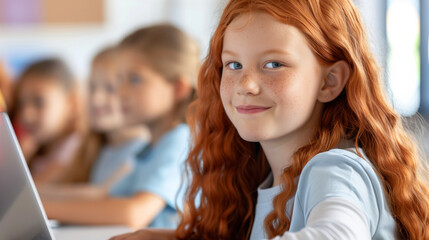 A girl with red hair is smiling at the camera. a teacher at school of a girl age 8 or 9 with auburn hair, looking interested sitting at a laptop computer, she is in a brightly lit modern classroom