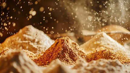 Fototapeta premium High sales baking flour and powder close up, focus on, copy space, vivid shades, Double exposure silhouette with bakery background