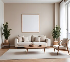 Frame mockup, ISO A paper size. Living room poster mockup. Modern interior design. Living room Interior mockup with house background. 3D render