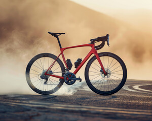 Professional aero road bicycle made of carbon fiber, outdoor standing on its own on the open road.
