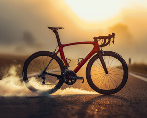 Professional aero road bicycle made of carbon fiber, outdoor standing on its own on the open road.