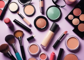 An exquisite collection of everyday cosmetics elegantly laid out on a dressing table. The assortment, featuring lipsticks, brushes, and nail polish.