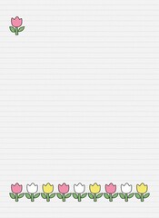 Wallpaper, notes, paper pattern background with lines and pink, yellow, off-white tulips, white paper.