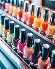 A captivating display of nail polish bottles in a cosmetics store. The stand, filled with a vibrant array of colors, offers a multitude of choices for beauty enthusiasts. 