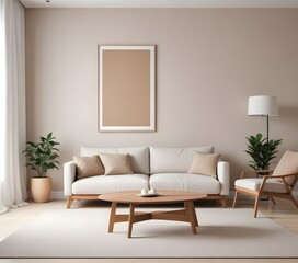 Frame mockup, ISO A paper size. Living room poster mockup. Modern interior design. Living room Interior mockup with house background. 3D render