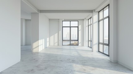 Concrete unfurnished room interior with copy space on walls, windows with city view and sunlight. Mock up, 3D Rendering 