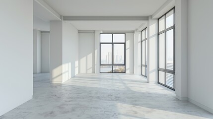 Fototapeta premium Concrete unfurnished room interior with copy space on walls, windows with city view and sunlight. Mock up, 3D Rendering 