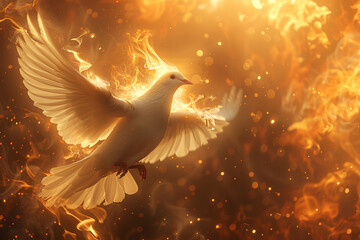 Holy Spirit in the form of a dove, tongues of fire. Christian illustration Pentecost