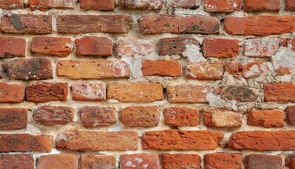 Obraz premium 古い赤レンガの壁のテクスチャ。時間とともに色あせた赤色とモルタルの白が特徴。レンガは自然な摩耗を表現。