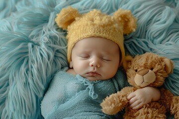 Sleeping infant in blue knit, cradled by a sea of plush blue waves