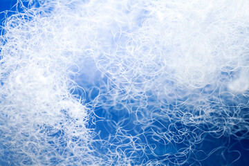 Extreme macro of polyester stable fiber on blue background