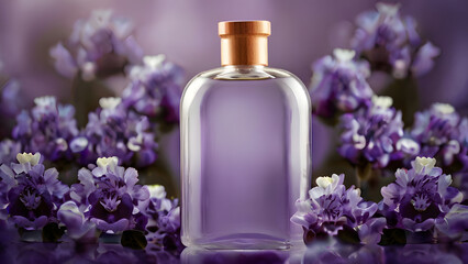 Bottle for cosmetic products in purple tones on the background of lilac flowers