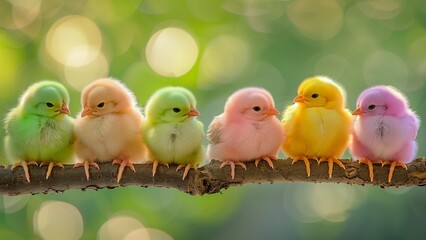 a row of five cute, fluffy chicks in a gradient of colors sitting on a perch - Powered by Adobe