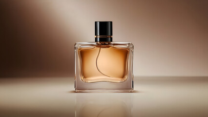 Perfume bottle laconic design black elegant cap on a delicate beige background